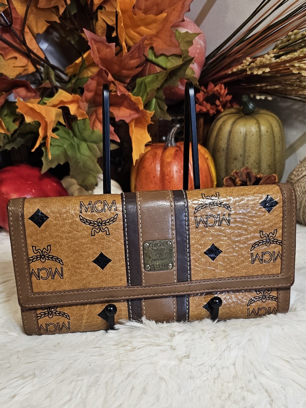 MCM Cognac Logo Wallet with Dark Brown Accents